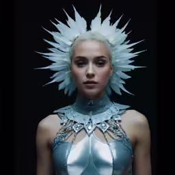 a woman with a metal outfit and white hair