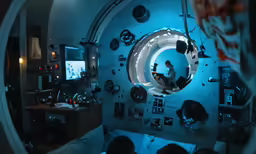 a living room is lit up with many objects