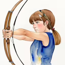 a young girl holding a archery bow, wearing a blue shirt,a watercolor painting of a girl holding a bow