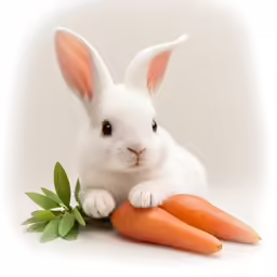 a bunny rabbit is sitting in front of two small carrots