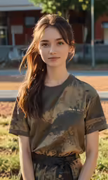 a young woman stands outside while wearing an army green shirt