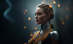 a woman in a futuristic suit is staring off to the side