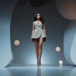 a woman is walking on the runway in a short suit