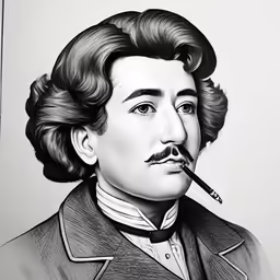 the drawing shows a man wearing a coat and tie, with his nose covered in smoke
