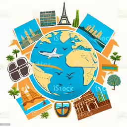 an illustration of the world surrounded by travel images,the globe has travel and sights around it
