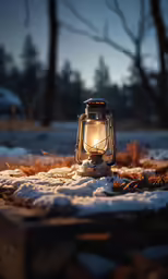 the glowing lantern is placed in the snow