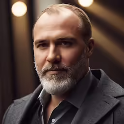 a middle aged man with a goatee, black shirt, grey jacket and dark pants