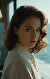 a young woman is standing by the ocean looking away