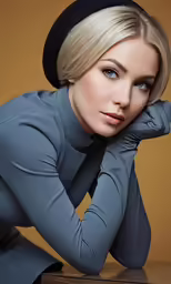 a beautiful blonde woman leaning on a wooden bench
