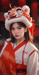 a woman wearing a white and orange hat is standing