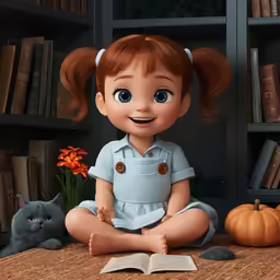an animated character sits on the floor with a cat behind him