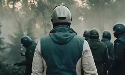 a man in black vest standing in front of men in dark helmets