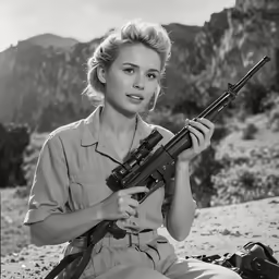 a girl sitting on a mountain with an rifle