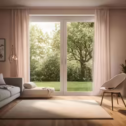 an empty living room with a couch, chair and sliding glass doors