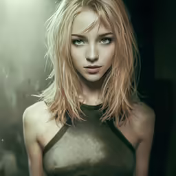 a beautiful blonde woman standing next to a shiny wall