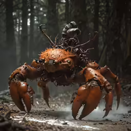 a creepy orange, weird looking robot walking through the woods