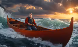 a man in a red canoe on a body of water,a man riding in a wooden boat on top of the ocean