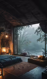 a bed is placed on the floor by a large window