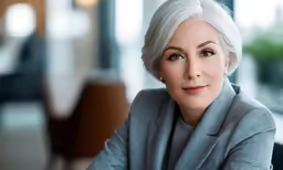 a lady that has a suit on sitting down