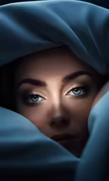 a beautiful woman wearing blue with her eyes partially hidden under a white sheet