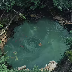 a pool surrounded by water surrounded by lots of leaves