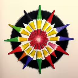 a colorful arrangement of sticks on white board,colorful crayon pencils shaped like an abstract flower