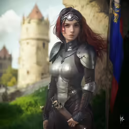 a girl dressed as a medieval knight with an axe