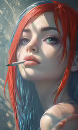 a girl with red hair smoking a cigarette