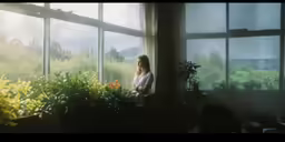 a young woman standing at the window in front of the grass