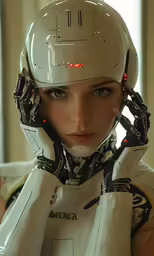 a female robot with gloves and eyes, looking directly into the camera