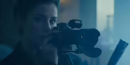 a young woman looks through the lens of a camera