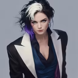 a woman is dressed up like elvis with purple hair