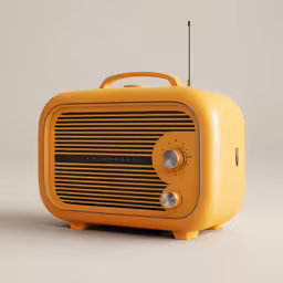 a yellow radio on grey surface next to a brown wall