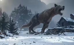 a large animal stands on top of snow covered ground