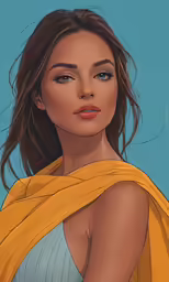 the woman in yellow shawl is posing for a portrait
