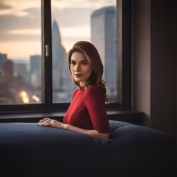 a woman is sitting on a couch in front of a window