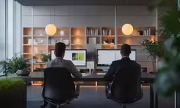 two people are sitting at a long desk and looking at computer monitors