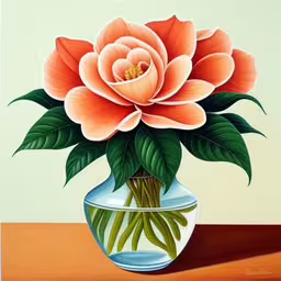 painting of a flower in a vase with leaves,a large flower that is in a vase