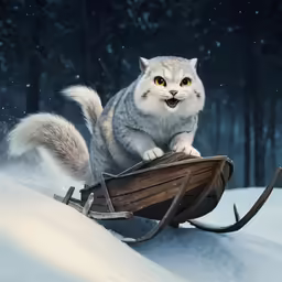 cat standing on sled with snow in the back