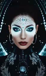 a woman with a white face make - up in front of a black background