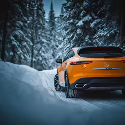 the rear end of an orange suv driving on a snowy road