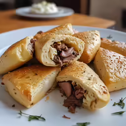 four pastries sit on a white plate, each with a bite taken out of it