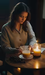 a woman lighting candles on a plate in front of a candle