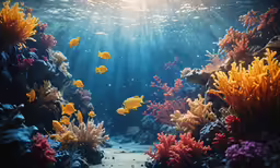 an underwater scene with orange fish and reef vegetation