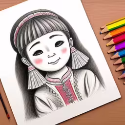 colored pencils are next to a drawing of a little girl,the little girl is in her coloring book