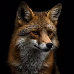 a small brown and white fox looks into the distance