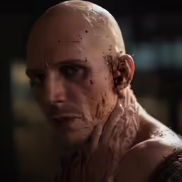 the face of a bald man covered in mud
