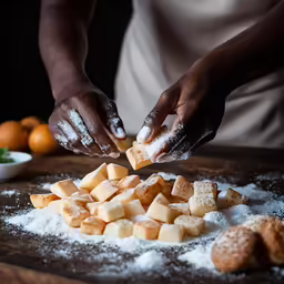 a lady scooping out some cake ingredients from a board