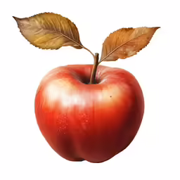 an apple with two brown leaves, one green and the other red