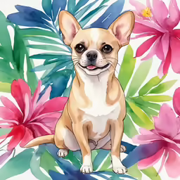 a painting of a dog in a tropical background